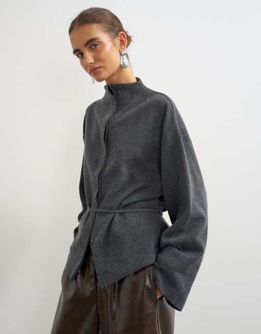 Topshop supersoft Jacke mit Knopfleiste und Bindedetail in Anthrazit, 2 von 4