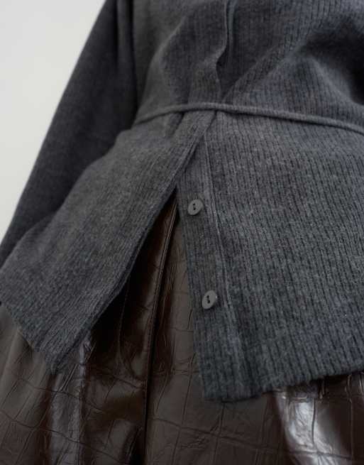 Topshop supersoft Jacke mit Knopfleiste und Bindedetail in Anthrazit, 3 von 4