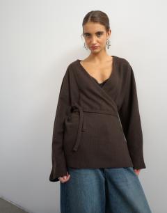Supersoft wrap detail top co-ord in chocolate