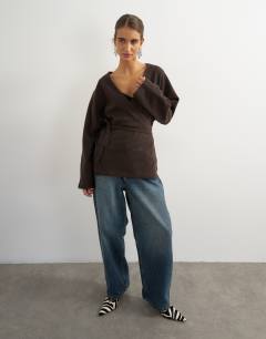 Model wearing Supersoft wrap detail top co-ord in chocolate