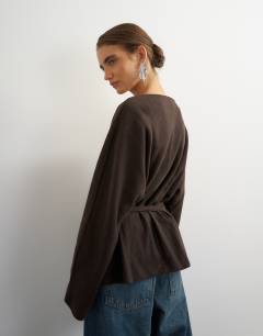 Model wearing Supersoft wrap detail top co-ord in chocolate