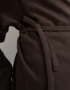 Model wearing Supersoft wrap detail top co-ord in chocolate