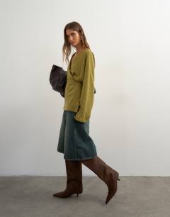 Model wearing Supersoft wrap detail top in olive