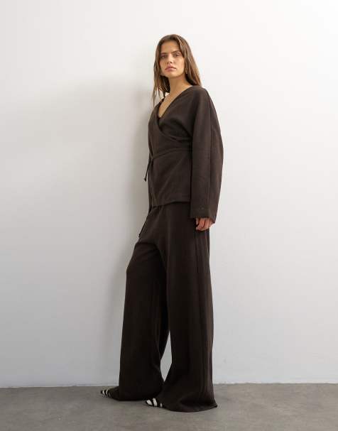 Topshop supersoft wrap detail top & joggers co-ord in chocolate - view 1