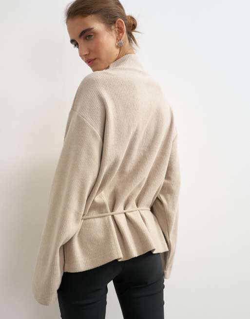 Topshop supersofte Jacke mit Knopfleiste und Bindeband-Details in Hafer, 3 von 4