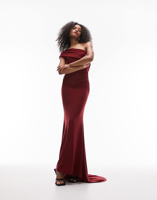 Topshop - Superzachte gedrapeerde maxi-jurk met blote schouder in rood, 4 van 4