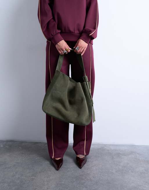 Topshop - Suri - Borsa da spalla in vera pelle scamosciata kaki, 2 di 4