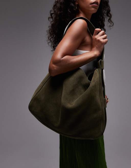 Topshop Suri real suede leather shoulder bag in khaki