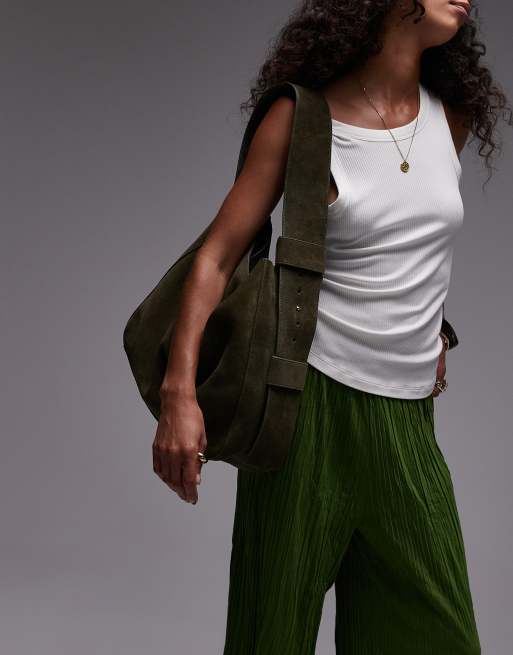 Topshop Suri real suede leather shoulder bag in khaki