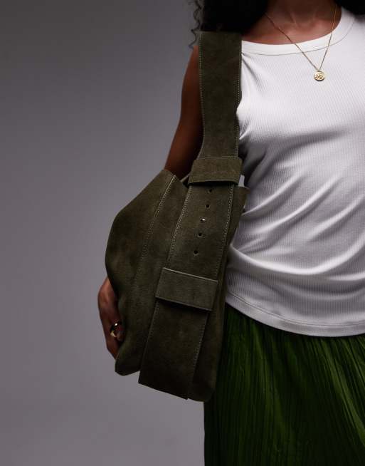 Topshop Suri real suede leather shoulder bag in khaki