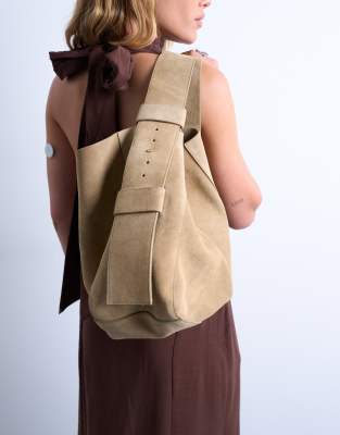 Suri real suede leather shoulder bag in tan-Neutral
