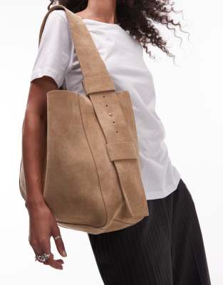 Topshop – Suri – Schultertasche aus echtem Wildleder in Hellbraun - view 1