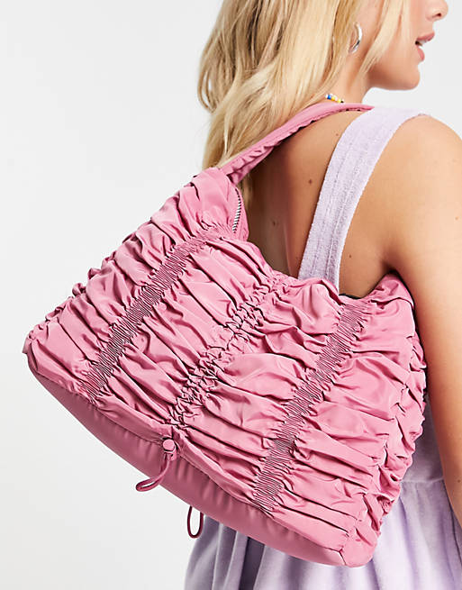 Topshop nylon ruched shoulder bag in pink