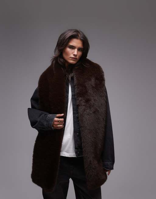 Topshop - Sutton - Chokoladebrunt oversized halstørklæde i imiteret pels, 3 af 4