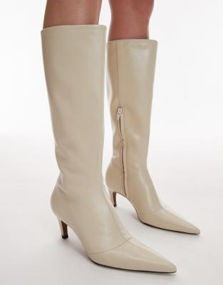 Topshop Sutton premium leather knee high heeled boots in buttermilk-Yellow