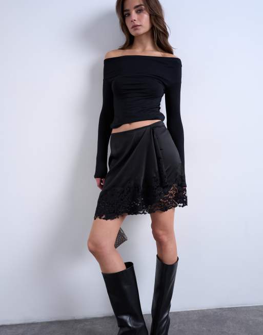Topshop – Svart, asymmetrisk minikjol i satin med spetskant, 5 av 5