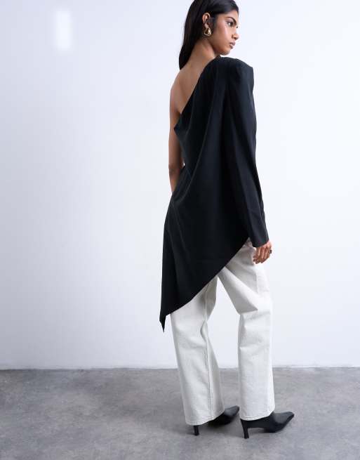 Topshop – Svart, asymmetrisk topp i cupro-material med axelvaddar, 4 av 4