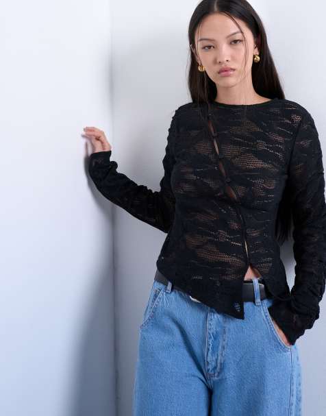 Topshop – Svart, asymmetrisk topp i spets - view 1