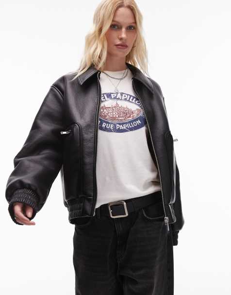 Topshop – Svart bomberjacka i läderimitation och fårskinnsimitation - view 1