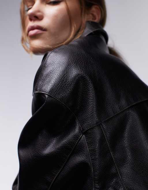 Topshop – Svart bomberjacka i oversize av läderimitation, 3 av 6