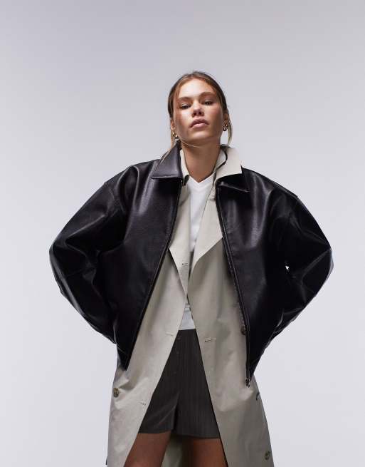 Topshop – Svart bomberjacka i oversize av läderimitation, 6 av 6