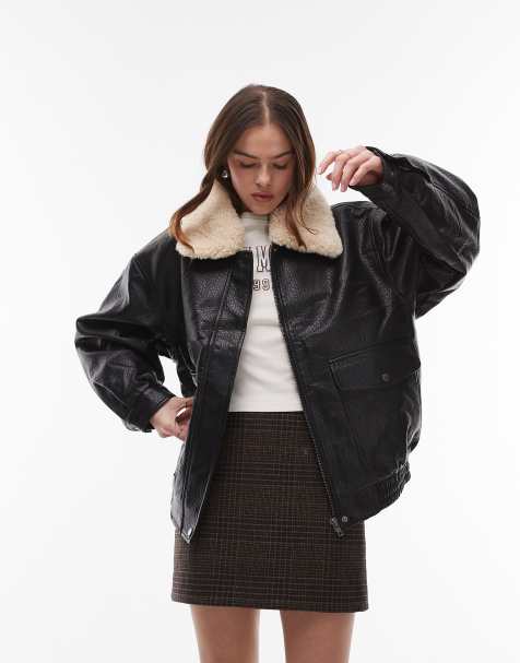 Topshop – Svart jacka i bubblig läderimitation med avtagbar teddykrage - view 1
