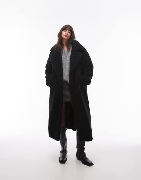 Topshop – Svart kappa i lång modell och teddy - view 1