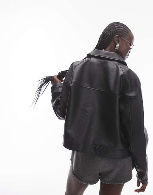 Topshop – Svart, kort jacka i läderimitation med dragkedja, 4 av 4