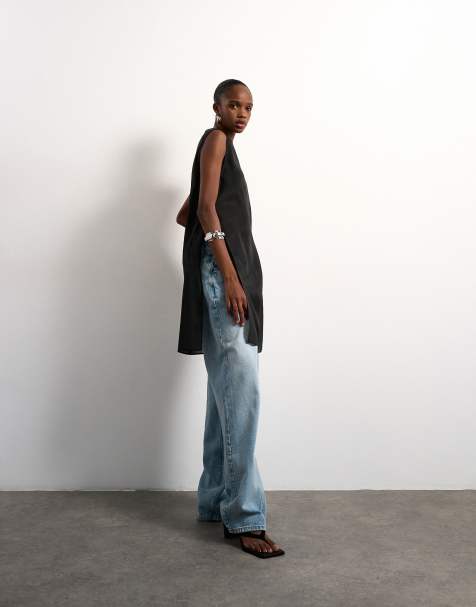 Topshop – Svart, lång, skir tunika i organza - view 1