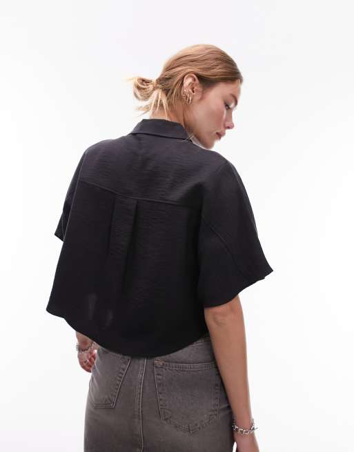 Topshop – Svart, lätt, kort skjorta i twill, 2 av 4
