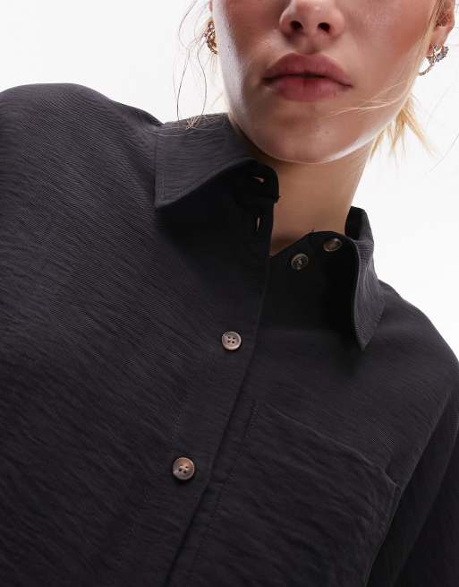 Topshop – Svart, lätt, kort skjorta i twill, 3 av 4