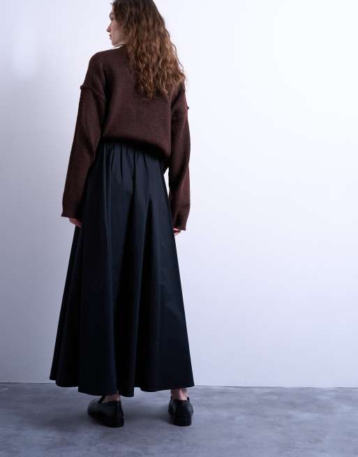 Topshop – Svart midikjol i kraftig twill med bred fåll, 5 av 5