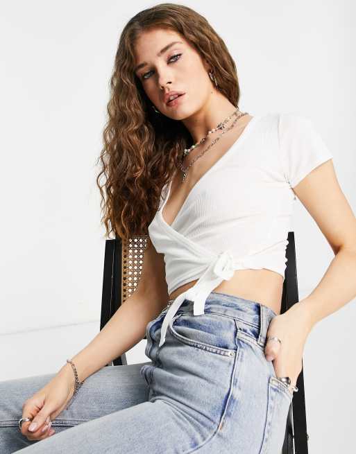 Topshop – Svart och vit balett-topp i omlottdesign med korta ärmar, 2-pack , 3 av 4