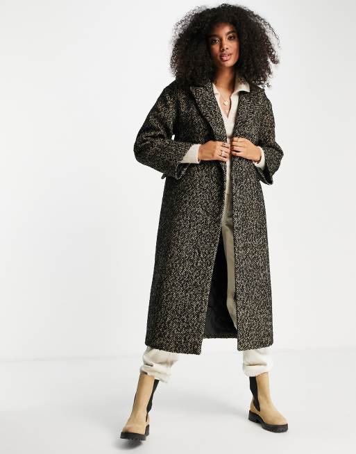 Topshop – Svart överrock med fiskbensmönster i maximodell