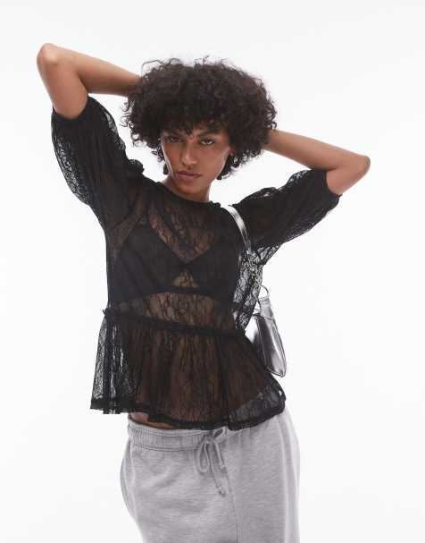 Topshop – Svart peplum-topp i spets - view 1