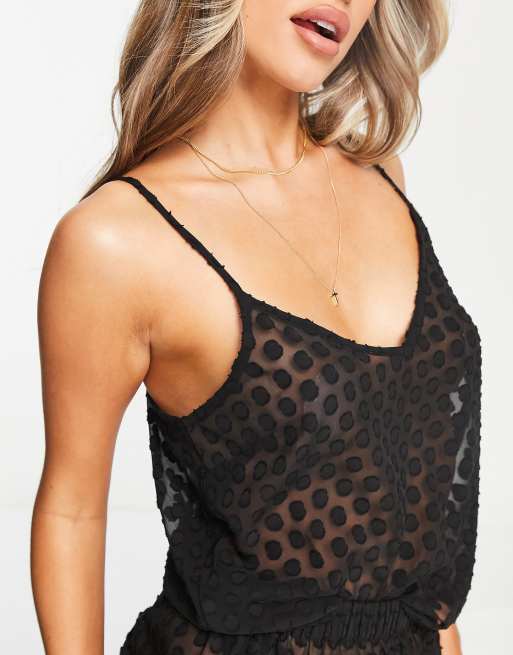 Topshop – Svart pyjamas i prickig chiffong med linne och shorts, 3 av 4