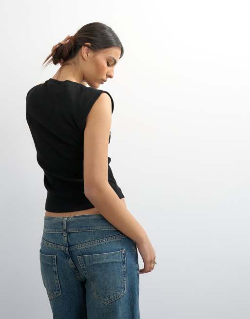 Topshop – Svart, ribbat linne i boyfriend-modell, 4 av 4