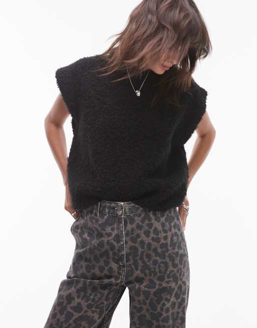 Topshop – Svart, ribbstickat linne i bouclé med off shoulder-design, avslappnad passform och rund halsringning