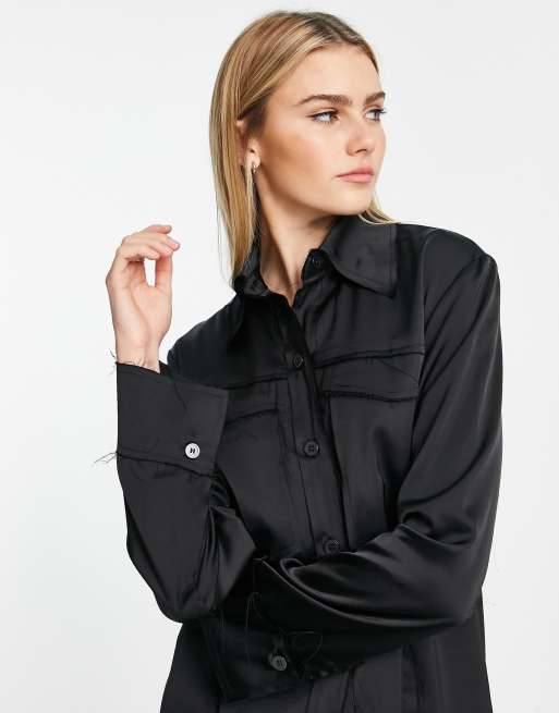 Topshop – Svart satinskjorta med råskuren kant, 3 av 4