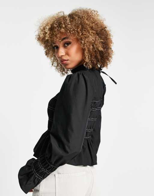 Topshop – Svart smockad poplinblus med hög ringning och synliga sömmar , 3 av 4