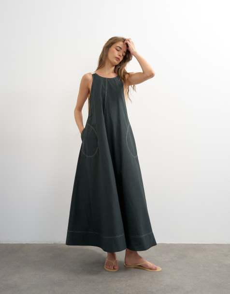 Topshop – Svart sommarklänning i maxilängd med öppen rygg, spänne och kontrasterande sömmar - view 1