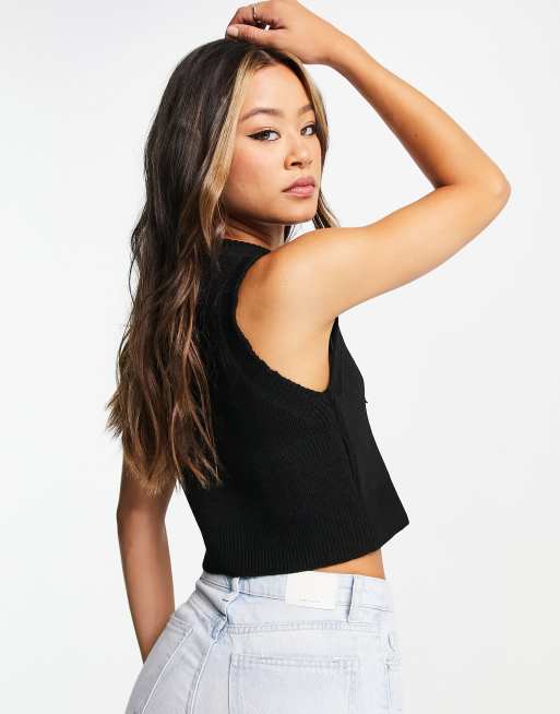 Topshop – Svart stickad crop top med knappar framtill, 2 av 4