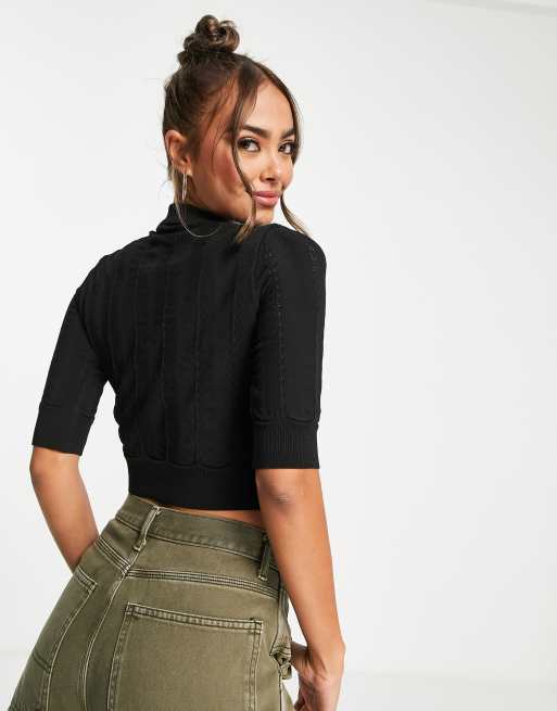 Topshop – Svart, stickad tröja i superkort modell med krage, 2 av 4