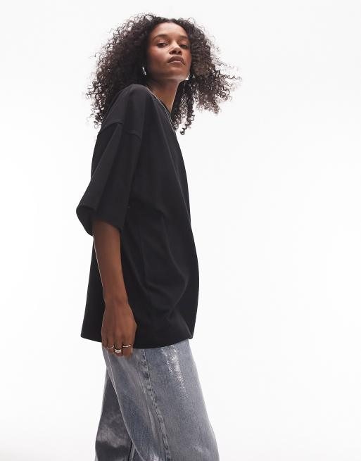 Topshop – Svart t-shirt i oversize med sänkt axelsöm, 2 av 4