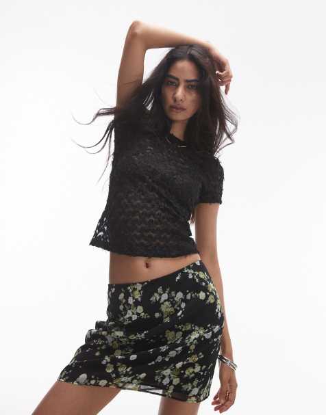 Topshop – Svart t-shirt i texturerad spets - view 1