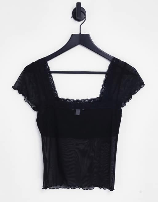 Topshop – Svart t-shirt med spetskant av mesh, 2 av 4