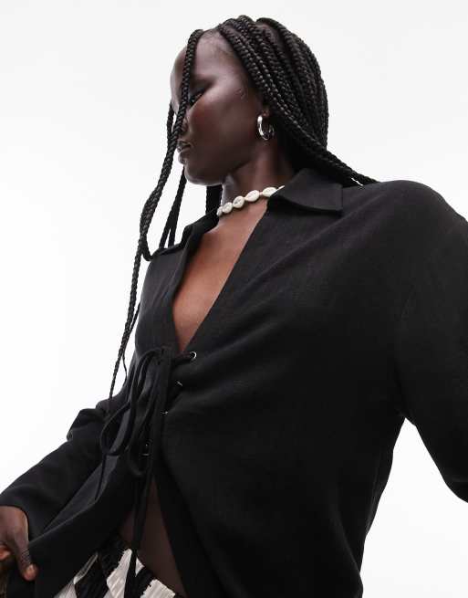 Topshop – Svart topp med långa ärmar och knytning, del av set
