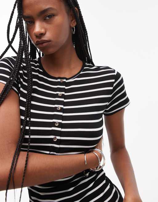 Topshop – Svart-vit, randig henley-topp med korta ärmar, 4 av 4