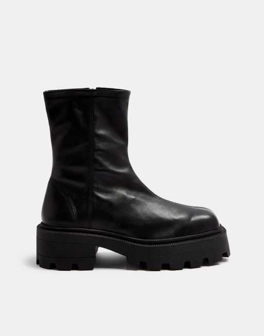 Topshop – Svarta grova sockboots i läder med fyrkantig tå
