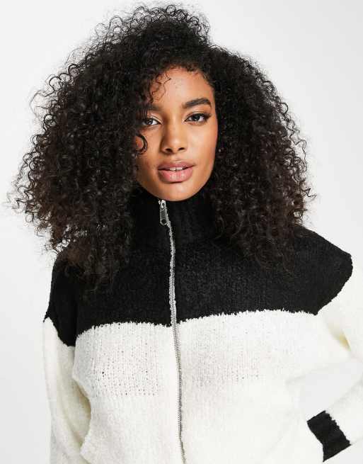Topshop – Svartvit, blockfärgad, stickad tröja med dragkedja i bouclé, 3 av 4